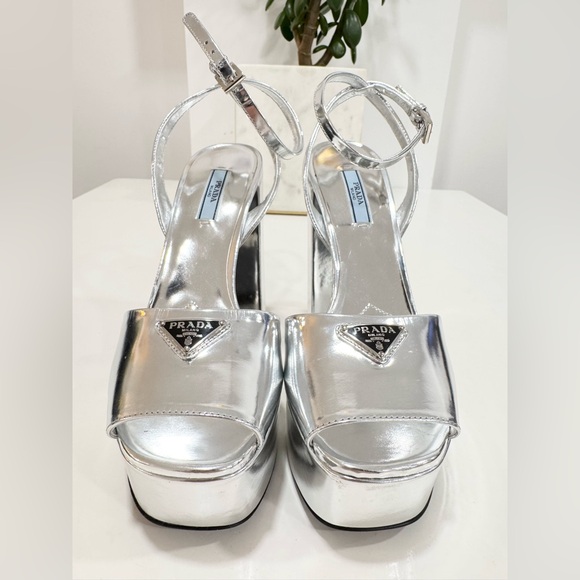 PRADA Plateau Metallic Peep-Toe Platform Pumps Silver Sandals - Picture 4 of 15